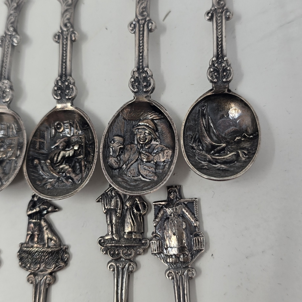 Vtg Holland Dutch demitasse mini spoons stamped novelty ornate figural set of 12 - Picture 10 of 10